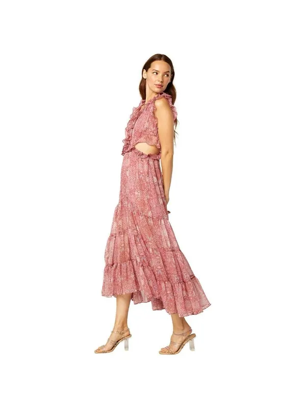 MISA Nastasha Maxi Dress L Ruffle Side Cut Out Floral Tiered Sleeveless Sheer - Image 12