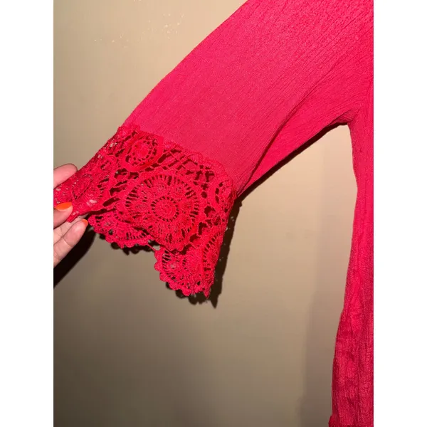 Womens Pink‎ Crochet Lace Trim Bell Sleeve V-Neck Gauze Boho Blouse L Festival - Image 2