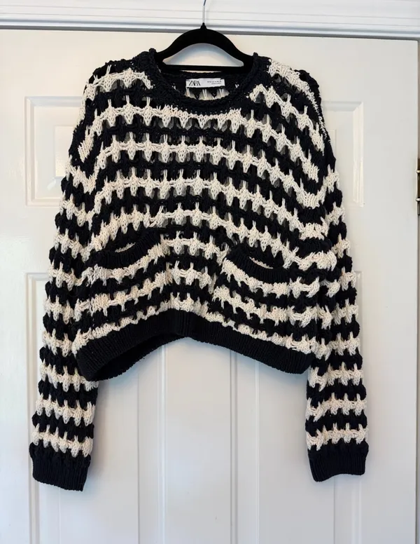 Zara Navy Black White Open Knit Striped Cropped Sweater Chunky Crochet Pullover - Image 2