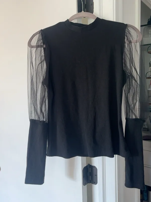 SheIn Black Ribbed Sheer Mesh Sleeve Mock Neck Top M - Image 2