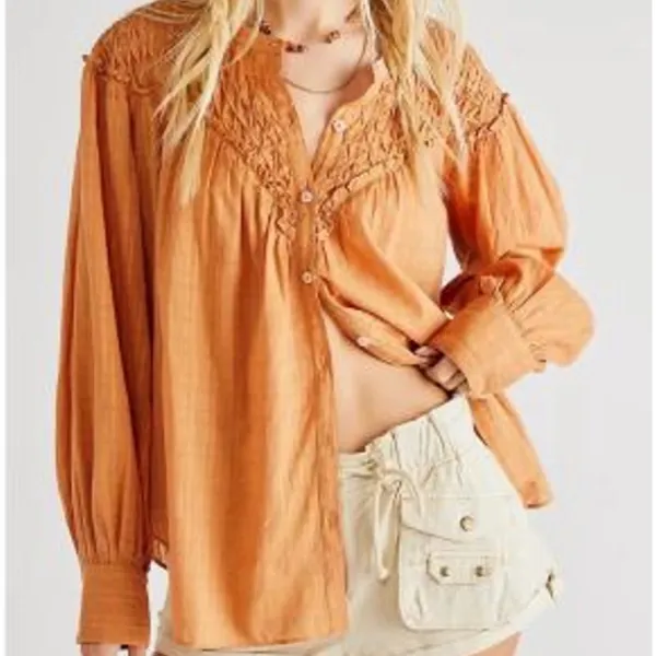 Free People $138 Marigold Button down Blouse Top Wood Chimes Fall Oversized M - Image 3