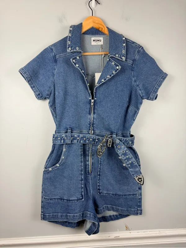 New Show me your Mumu outlaw studded denim romper size large - Image 3
