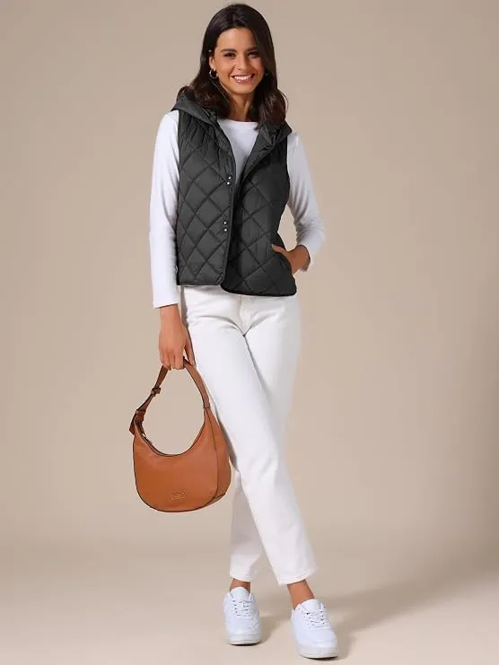 #79 NWT Allegra K Women Casual Quilted Button Down Hooded Puffer Vest Size M - Image 2