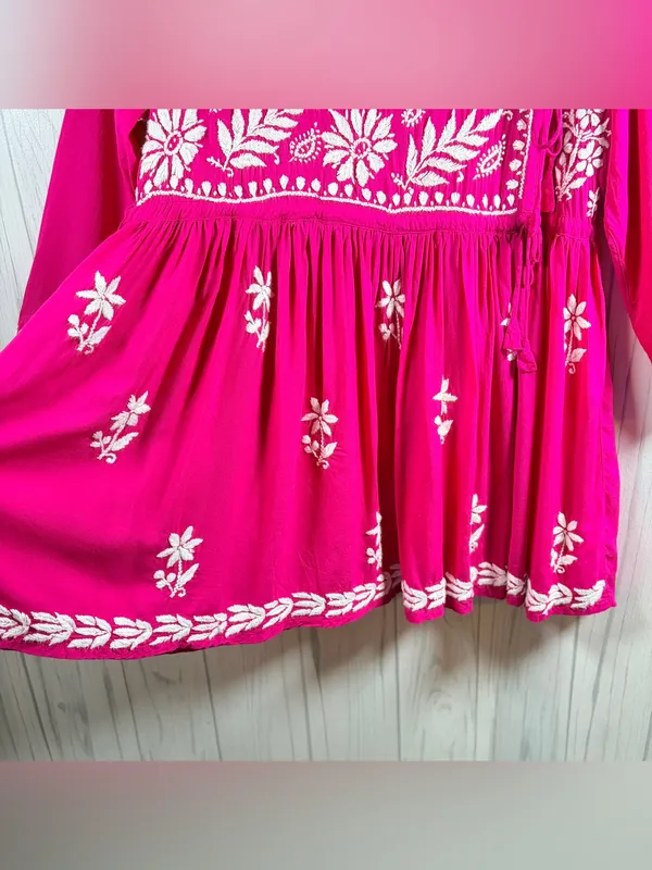 EMBROIDERED Boho Tunic Dress Bright Fuchsia and White, fits XL - Image 3