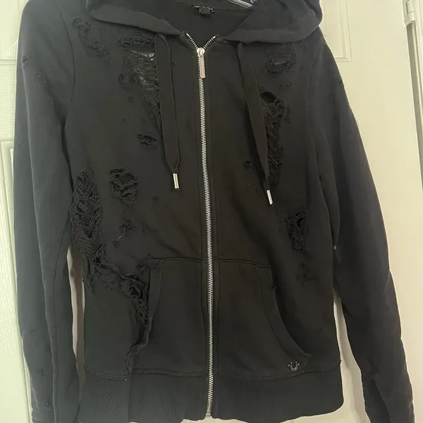 True Religion Full Zip Up Distressed Destroy Hoodie Black Ripped Mesh Goth Emo - Image 2