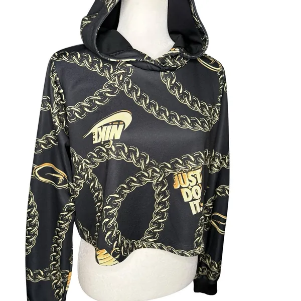Nike Hoodie Womens Medium Black Gold Chain Print‎ Boxy Loose Fit Just Do It - Image 2
