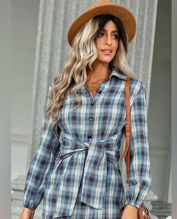 Blue Plaid Flannel Button Front Shirt Dress with Sash Front Tie Casual Western - Image 3