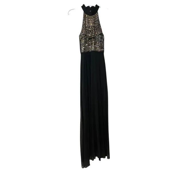 B. Darlin Maxi Dress Womens 6 Black Halter Beaded Chiffon Prom Formal Gown - Image 2