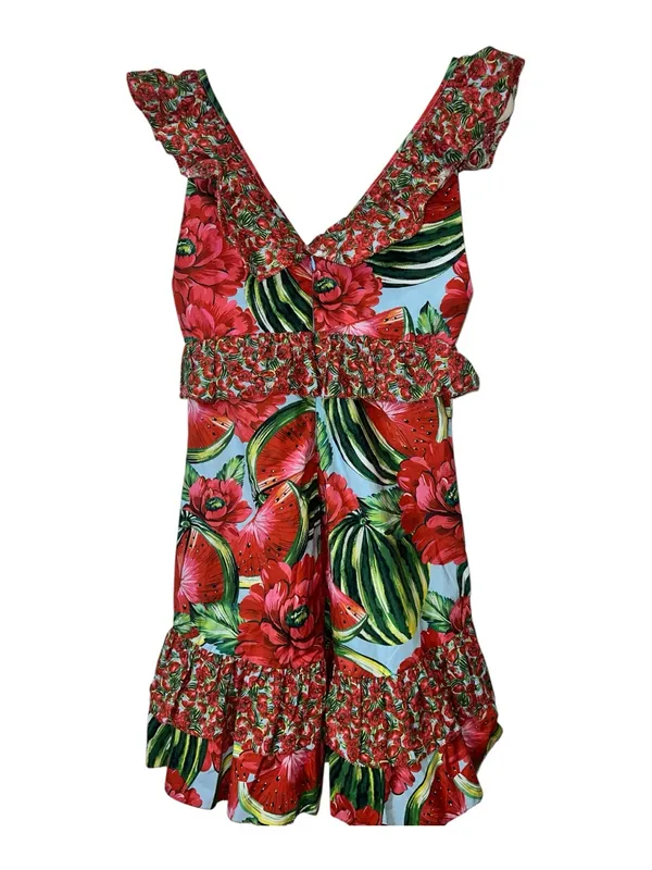 FARM Rio Watermelon Flowers Mini Dress Red Multi Cotton Ruffle Size S - Image 4