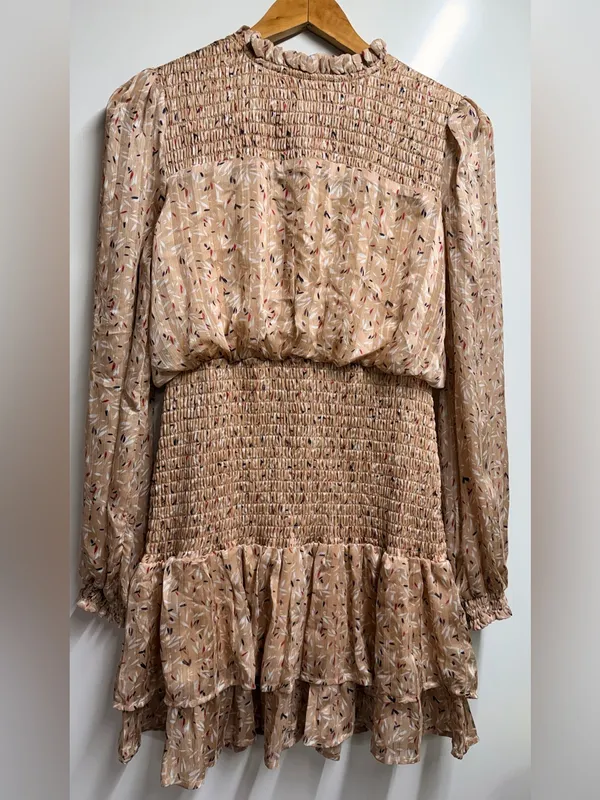 Lulu's Dash of Chic Tan Multi Print Smocked Long Sleeve Mini Dress size medium - Image 5