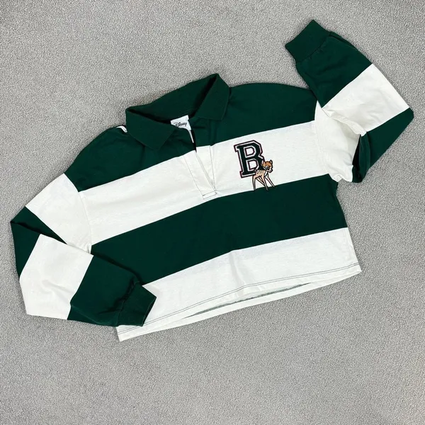 Disney Bambi Y2K Rugby Stripe‎ Cropped Polo Shirt Green White Small Long Sleeve - Image 13