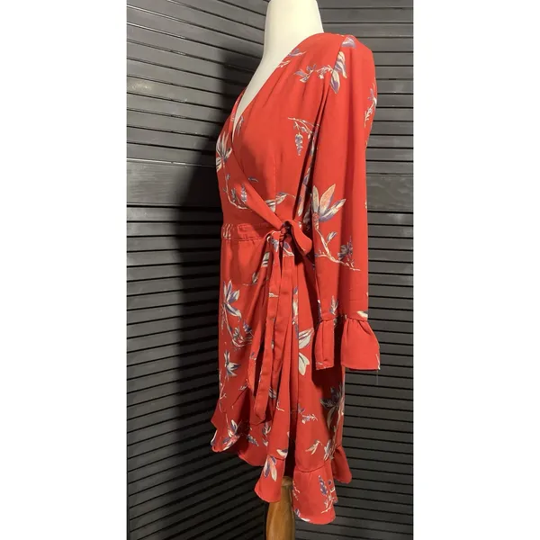 LE LIS Red Floral Print‎ Wrap Dress with Ruffle Hem Bell Sleeves Size M - Image 3