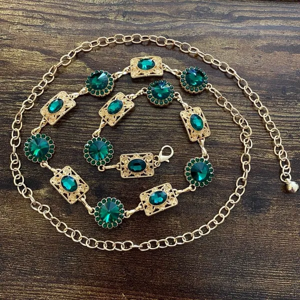 Gold Y2K Emerald Green Jewel Waist Chain Belt, Fits 24.5-51.5 Inches, X7GA1297 - Image 5