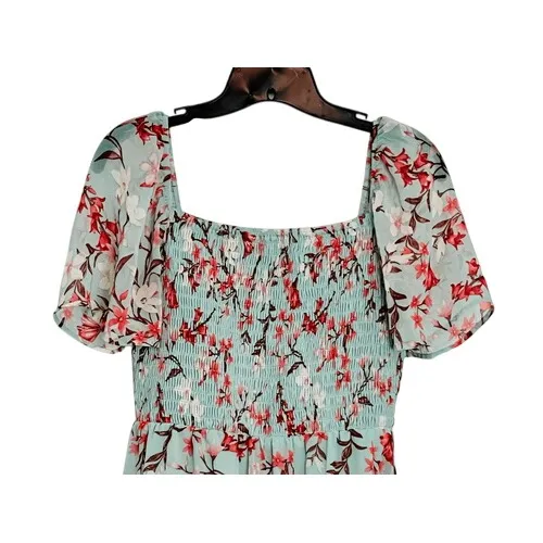 As You Wish Green Floral Chiffon Smocked Asymmetrical Dress LARGE Cottage Flowy‎ - Image 2