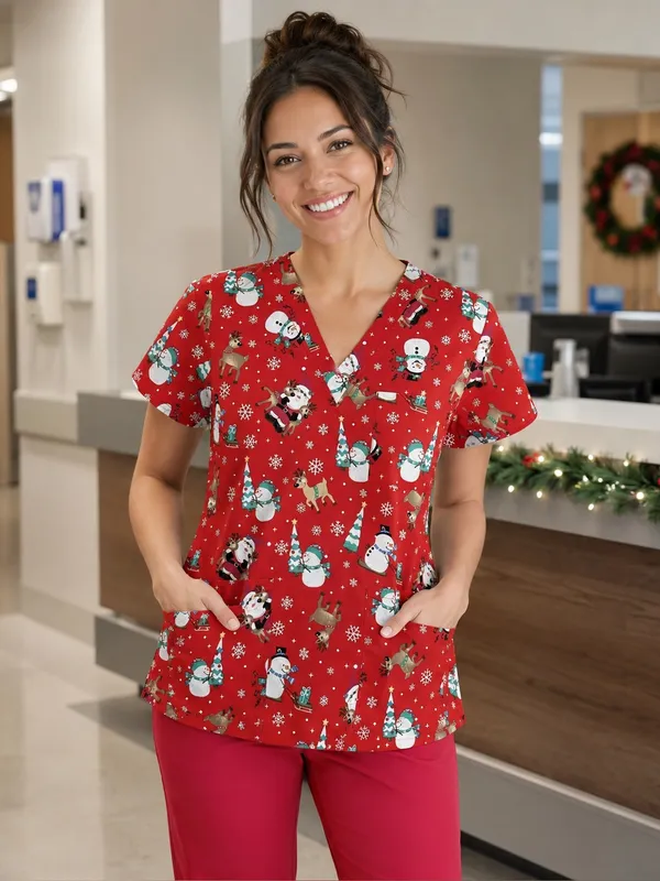 Just Love Christmas Holiday Medical Scrub Top V-Neck Pockets Red Snowman Santa M - Image 4