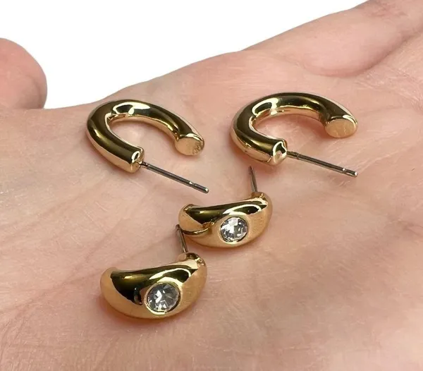 Shiny Gold Tone Huggie Hoops Rhinestone Pierced Earrings Set - Image 9