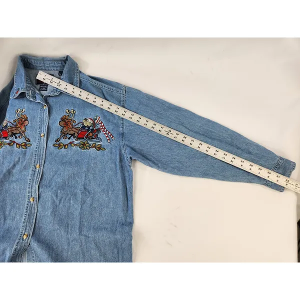Vintage Embroidered Holiday SOFT Denim Shirt Reindeer Sleigh Bear Teacher Large - Image 10