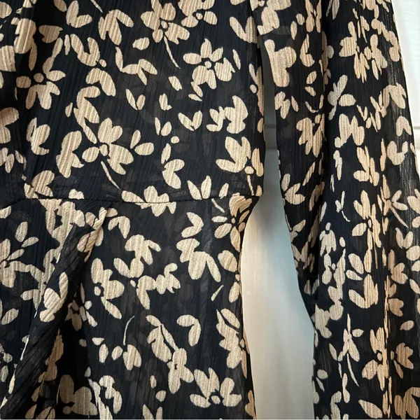 Tommy Hilfiger Crossover Hem Black Tan Floral Midi Dress‎ Sheer Chiffon Size 8 - Image 12