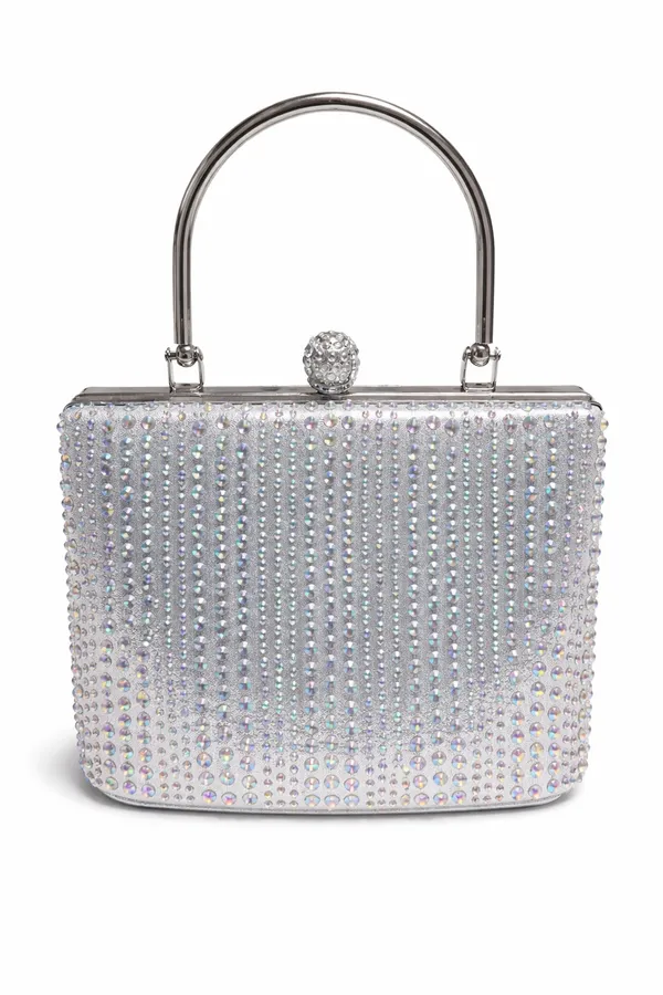 Silver Rhinestone Evening Clutch with Detachable Crossbody Chain Strap - Image 2
