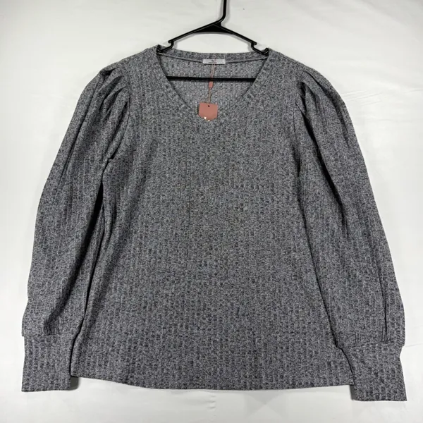 Womens Gray Ribbed Knit V-Neck Puff Sleeve Blouse Size Large NWT Grandmacore Top - Image 3