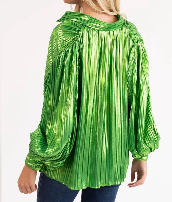 Flying Tomato NWOT Boutique  pleated lime metallic button down top size small - Image 5