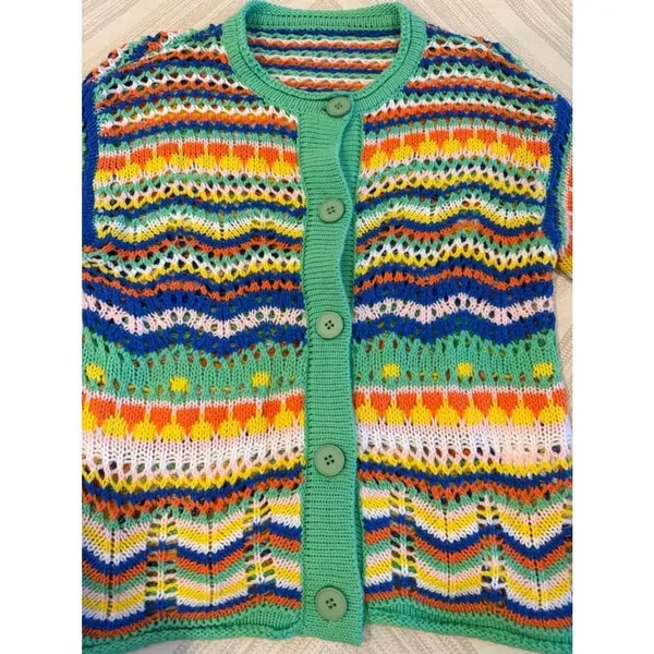 Multicolor Striped Open Knit Cardigan Bell Sleeve Boho Lightweight Small - Image 2
