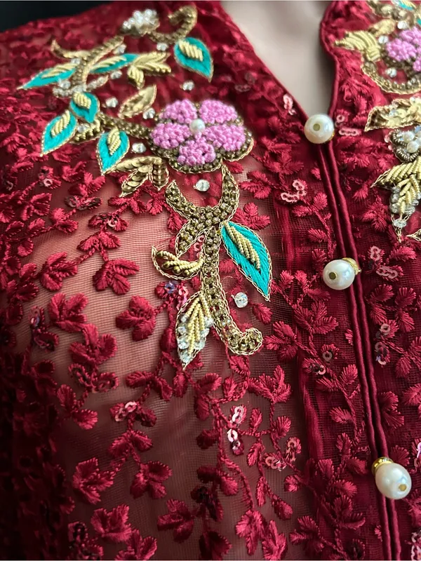 Embroidered Red Lace Fit-and-Flare Women's Dress MD - Image 11