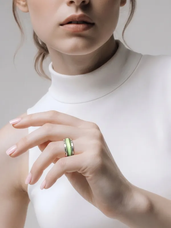 Women’s Stainless Steel Silver Dark & Light Green Cat Eye Design 6mm Band Size 8 - Image 2