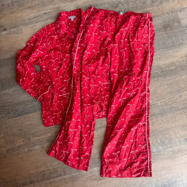 J.Crew Red White Bow Print‎ Cotton Pajama Set Womens Medium Long Sleeve Pants - Image 2