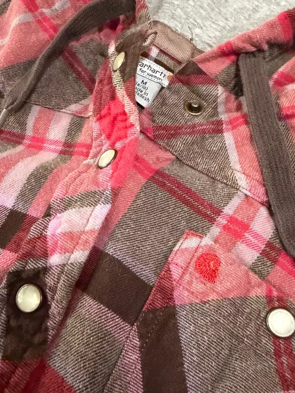 Carhartt Pearl Snap Hooded Pink Red Brown Plaid Cotton Flannel Shirt Medium - Image 3