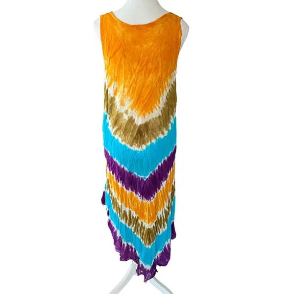 Boho Tie Dye‎ Handkerchief Hem Maxi Dress Sleeveless Orange Purple Turquoise L - Image 5