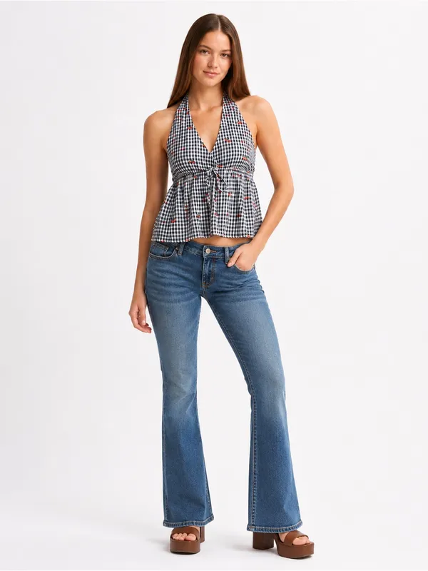 American Eagle Cherry Gingham Halter Peplum Top XS Embroidered Babydoll Y2K - Image 10