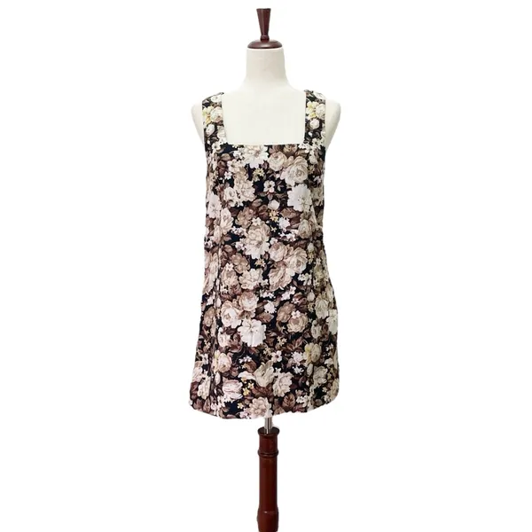 Abercrombie & Fitch Floral Linen Blend Mini Dress Brown Beige Roses Size Small - Image 2