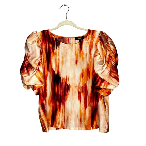 DKNY Smudge Print Puff Sleeve Orange Pink Abstract Quiet Luxury Top NEW M - Image 2