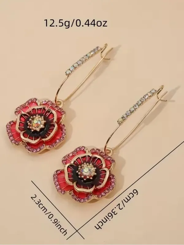 Betsey Johnson Pink Floral Drop Exquisite Rose Crystal Red Enamel Gold tone hook - Image 4