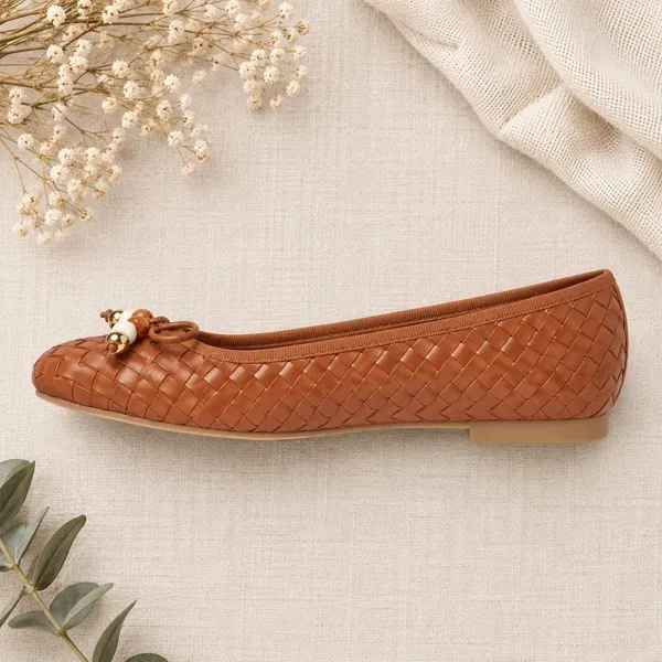 Universal Thread Merritt Woven Ballet Flats Cognac Brown Beaded Bow Size 7 - Image 4
