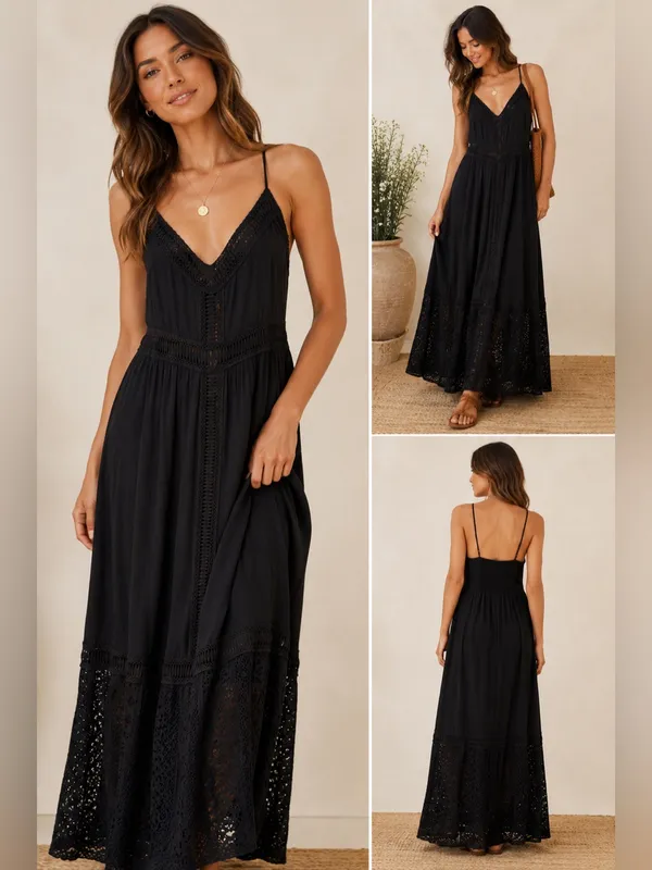 Abercrombie & Fitch Boho Cottagecore‎ Crochet Lace Maxi Dress Black Large - Image 2