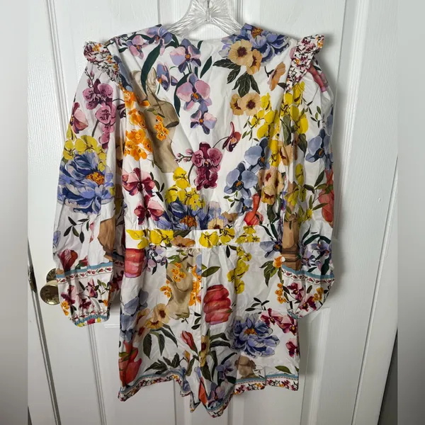 Farm Rio Greek Garden Long Sleeve Plunge Neck Cotton Romper XS - Image 5