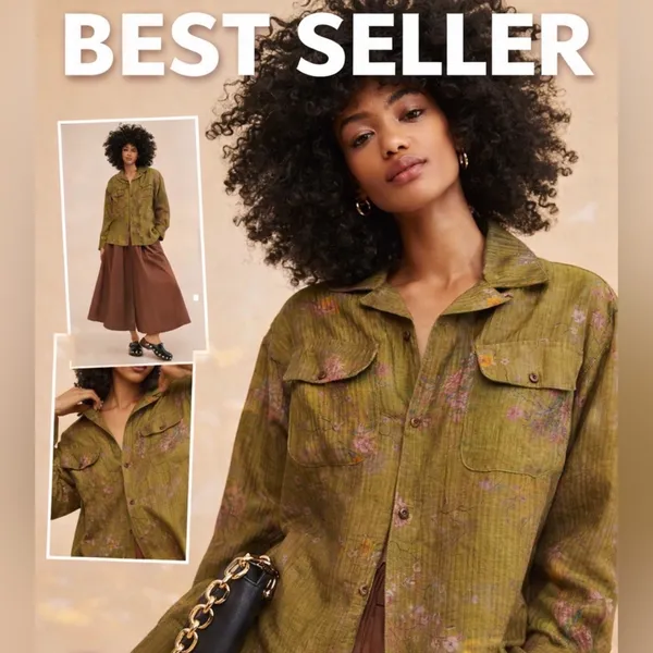 🌿 Trendy Free People Floral Moss Camp Shirt Top Greyed Olive Size: S (fits 6–8) - Image 2