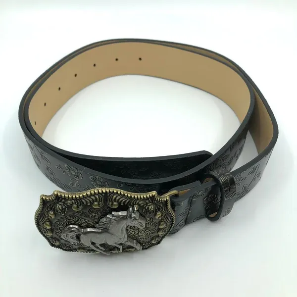 Women's Black Faux Leather Western Belt w/ Horse Buckle, 36.5-45.5 in, X7G9A966 - Image 7
