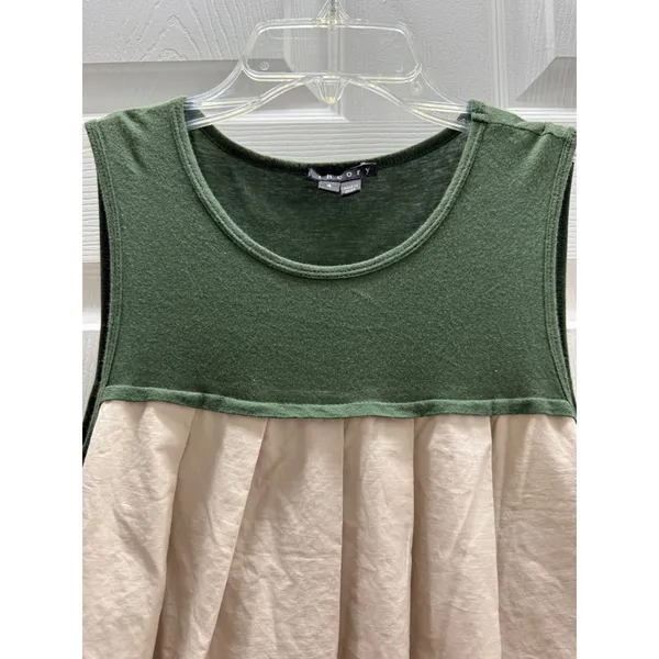 Theory Mixed Media Floral Pleated Babydoll Mini Dress Green Cream Womens 4 - Image 6