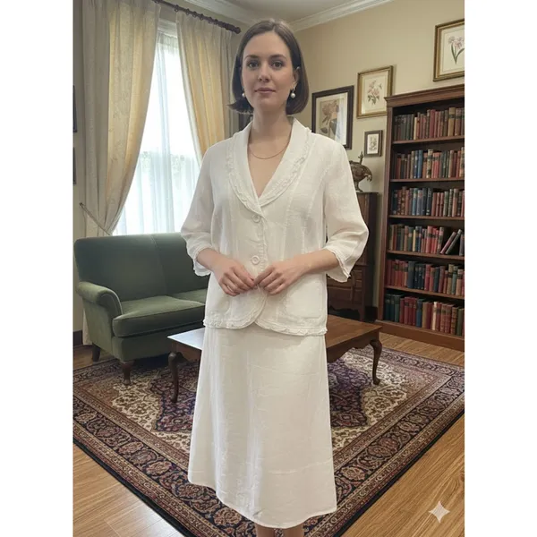 Kim Rogers Petite Linen Skirt Set White Ruffle Blazer & Midi Skirt Size PL Coast - Image 3