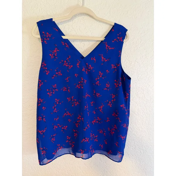 Ann Taylor Factory Tank Top Blue L Womens Floral V-Neck Sleeveless‎ Blouse - Image 8