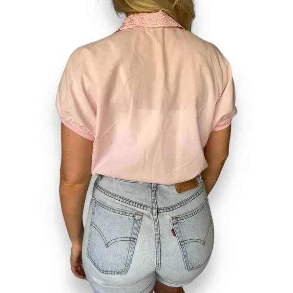 Vintage Baby Pink Pastel Barbie 50s Inspired Grease Retro Cropped Cuffed Blouse - Image 4