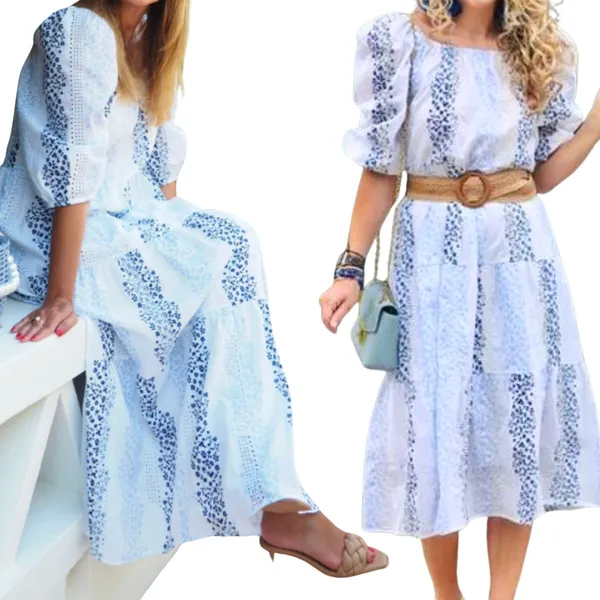 ZARA Floral Tiered Eyelet Lace Maxi Dress Medium White Blue Cottagecore Prairie - Image 2
