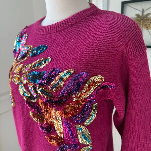 Vintage Western Connection Bedazzled Bling Sequin Sweater Magenta S - Image 4