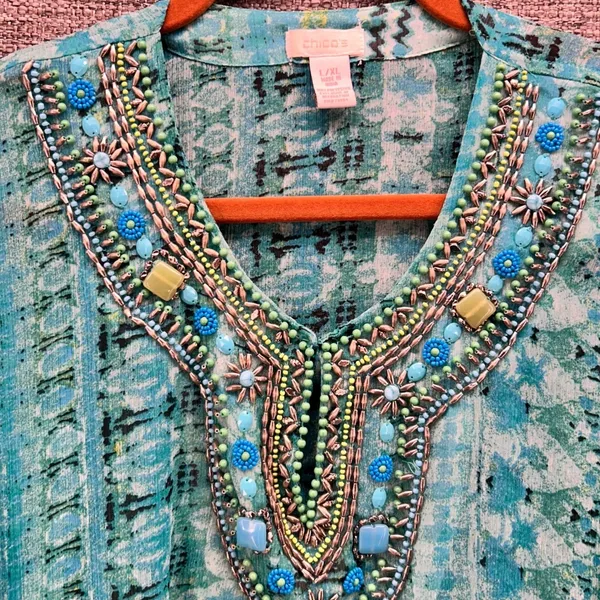 Chicos Beaded Kaftan Top Green Large‎ or XL - Image 5