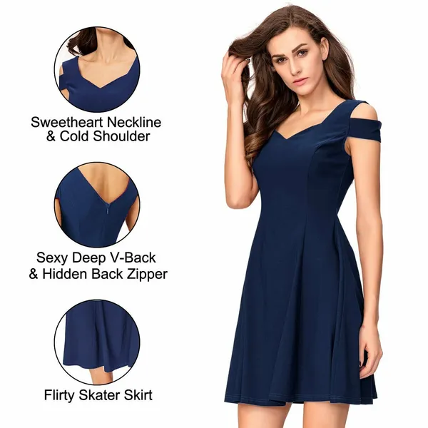 InsNova Womens Dress M‎ Cold Shoulder Navy Blue Cocktail Party Skater Solid NEW - Image 3