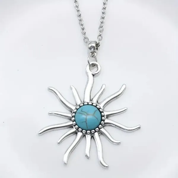 Boho Sunflower Pendant Silver Chain Necklace Cracked Coastal Turquoise Pattern - Image 4