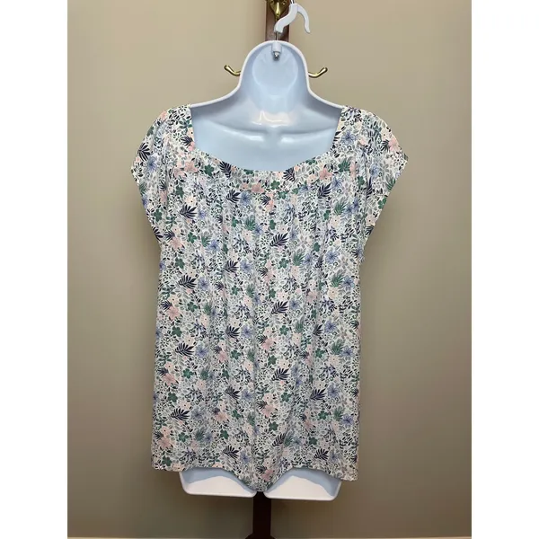 LOFT Square Neck Flutter Sleeve Top Size L White Floral - Image 3